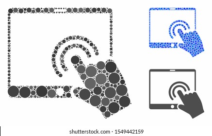 Double click tablet mosaic of filled circles in variable sizes and color tinges, based on double click tablet icon. Vector random circles are combined into blue mosaic.