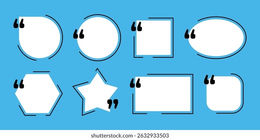 Double comma frame set blank template design. Creative quotation frames with comma vector geometric shapes. Blank speech bubble for quote, text, thoughts, message, banner isolated on blue background.