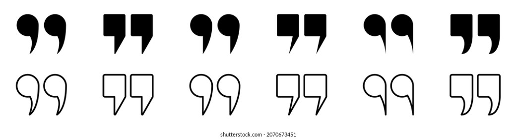 Double Comma Signs of Quote Icons. Set of Quotation Mark Line and Silhouette Icon. Quotation Signs on White Background. Punctuation Symbol of Speech. Isolated Vector Illustration.