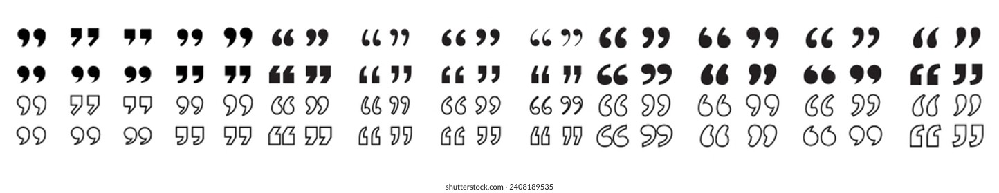 Double Comma Signs of Quote Icons. Set of Quotation Mark Line and Silhouette Icon. Quotation Signs on White Background. Punctuation Symbol of Speech. Isolated Vector Illustration..