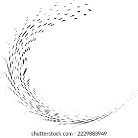 Double contrast halftone framing in a semicircle of dots, peas, strokes. Simulation of rotation, splashing. Vector.