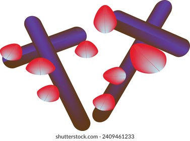 signo de doble cruz con colores mixtos azul y oscuro y pétalos de rosa 