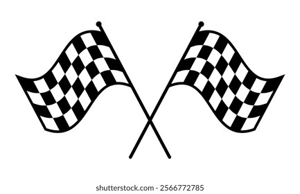 Double crossed checkered racing flag. Chequered flag of motorbike racing, and car racing. Championship isolated flags. Vector illustration of two sport racing flags.