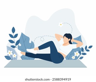 double crunch excercise, woman working out on mat
