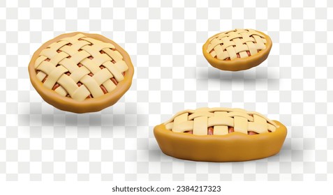 Double crust pie with lattice. Classic pastry with sweet filling. Vector object in different positions. Illustration for bakery, cooking blog, baking school