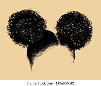 Double curly buns illustration. Hand drawn hairstyle for curly hair. Idea for business visit cards, templates , web. Premium salon look