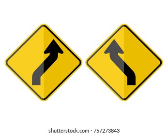 Double curve, first to left and Double curve, first to right on yellow diamond board sign paperwork