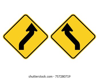 Double curve, first to left and Double curve, first to right on yellow diamond board sign vector