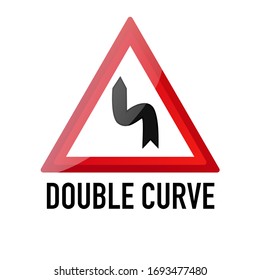 Señal de tráfico de doble curva e información de advertencia de carretera, ilustración vectorial aislada en fondo blanco para aprendizaje, educación, cursos de conducción, pegatina, icono.