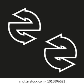 Double curved circle arrow ribbon logo. 2 direction round banner shape. Dual trend arrow stripe form icon, flat arrow icon. Vector pointer. Two-pointed Band banner logotype