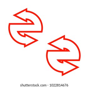 Double curved circle arrow ribbon logo. 2 direction round banner shape. Dual trend arrow stripe form icon, flat arrow icon. Vector pointer. Two-pointed Band banner logotype