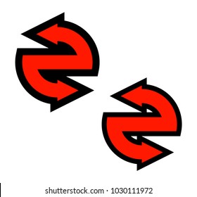 Double curved circle arrow ribbon logo. 2 direction round banner shape. Dual trend arrow stripe form icon, flat arrow icon. Vector pointer. Two-pointed Band banner logotype