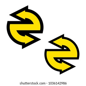 Double curved circle arrow ribbon logo. 2 direction round banner shape. Dual trend arrow stripe form icon, flat arrow icon. Vector pointer. Two-pointed Band banner logotype