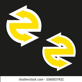 Double curved circle arrow ribbon logo. 2 direction round banner shape. Dual trend arrow stripe form icon, flat arrow icon. Vector pointer. Two-pointed Band banner logotype