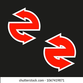 Double curved circle arrow ribbon logo. 2 direction round banner shape. Dual trend arrow stripe form icon, flat arrow icon. Vector pointer. Two-pointed Band banner logotype