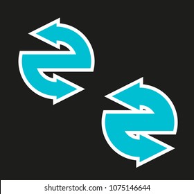 Double curved circle arrow ribbon logo. 2 direction round banner shape. Dual trend arrow stripe form icon, flat arrow icon. Vector pointer. Two-pointed Band banner logotype