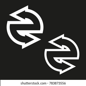 Double curved circle arrow ribbon logo. 2 direction round banner shape. Dual trend arrow stripe form icon, flat arrow icon. Vector pointer. Two-pointed Band banner logotype