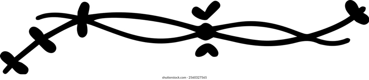 Double curved lines intersect and intertwine, adorned with hand drawn crosses and check marks, forming a unique decorative border on a white background