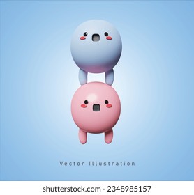 double cute monster in 3d vector illustration