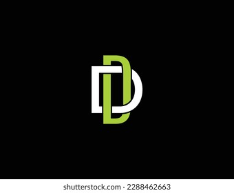 Double D letter logo with an interlocked accent. monogram logo. Linear white and green letters on a black background. The minimalist style.