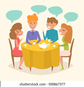 Double date. People at dinner. Vector illustration. Cartoon character. Isolated. Flat. Valentines