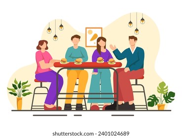 Double Date Vector Illustration with Two Couples who were Eating and Drinking Together in a Restaurant in Flat Cartoon Background Design