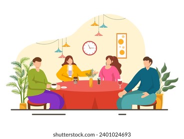 Double Date Vector Illustration with Two Couples who were Eating and Drinking Together in a Restaurant in Flat Cartoon Background Design