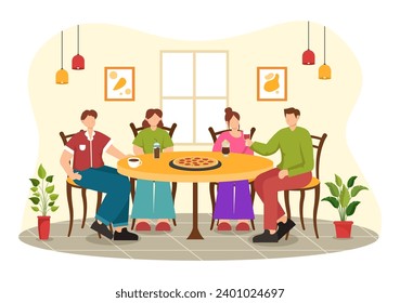 Double Date Vector Illustration with Two Couples who were Eating and Drinking Together in a Restaurant in Flat Cartoon Background Design