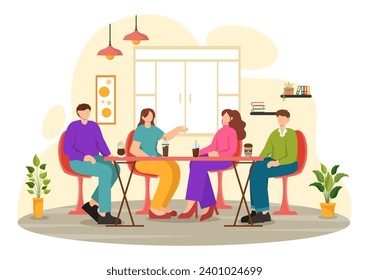 Double Date Vector Illustration with Two Couples who were Eating and Drinking Together in a Restaurant in Flat Cartoon Background Design