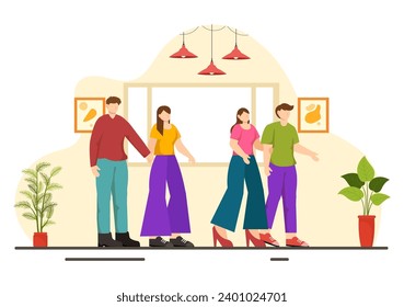 Double Date Vector Illustration with Two Couples who were Eating and Drinking Together in a Restaurant in Flat Cartoon Background Design