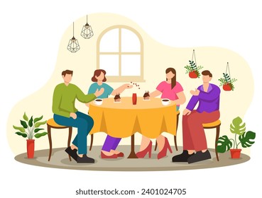 Double Date Vector Illustration with Two Couples who were Eating and Drinking Together in a Restaurant in Flat Cartoon Background Design