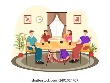 Double Date Vector Illustration with Two Couples who were Eating and Drinking Together in a Restaurant in Flat Cartoon Background Design