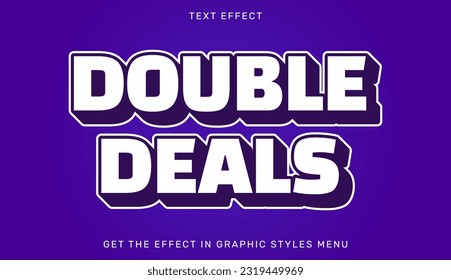 Double deals editable text effect in 3d style with purple color. Text emblem for advertising, branding and business logo