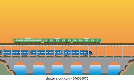 Double deck Bridge upper for railcar train and lower for high speed train  Vector Illustration
