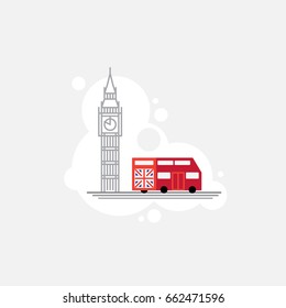 Double decker bus with English flag. Flat design, lineart, vector illustration with landmark