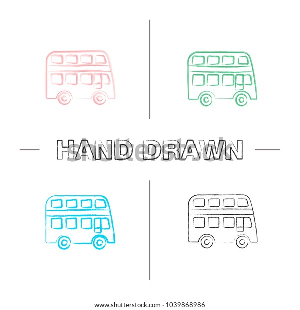 Double\
decker bus hand drawn icons set. Bus with two storeys. Color brush\
stroke. Isolated vector sketchy\
illustrations