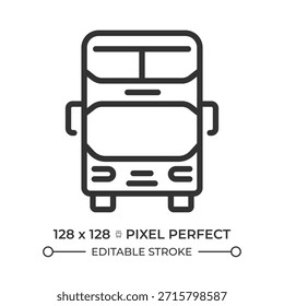 Icono de línea perfecta de píxeles de bus de dos pisos. Transporte público ideal para la ciudad atestada. Vehículo de pasajeros. Turismo. Ilustración vectorial aislada. Símbolo de contorno. Dibujo lineal simple. Trazo editable