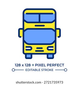 Double decker bus pixel perfect line color icon. Ideal public transport for crowded city. Passenger vehicle. Tourism. Isolated vector illustration. Flat colorful symbol design. Editable stroke