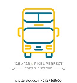 Doppeldecker Bus Pixel perfekt zwei Farben Linie Symbol. Öffentliche Verkehrsmittel für die Stadt. Pkw. Tourismus zweifarbige Umrisssymbol. Lineares Piktogramm mit Duoton. Isolierte Abbildung. Bearbeitbarer Strich