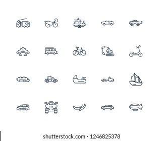 Double decker bus, Ship, hang glider, Sailboat, Monorail, Motorbike, Ferry boat, Sport car, Lorry, minivan, patrol car outline vector icons from 20 set