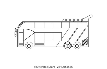 Double decker bus with side profile view, in minimalist outline icon. Designed for line art applications, educational visuals, or print templates. Editable vector illustration.