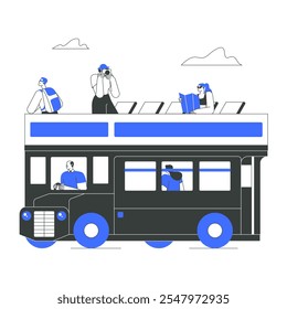 Autobús De Dos Pisos Con Turistas En La Azotea En Una Ilustración vectorial Plana Que Simboliza El Turismo De La Ciudad, Las Aventuras De Viaje Y Las Visitas Turísticas, Aislado Sobre Fondo Blanco.