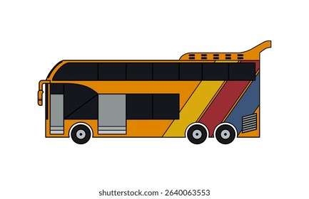 Double decker bus vector illustration in bright yellow, red, and blue tones, in lineal color icon style. Designed for modern maps, educational media, or digital UI.