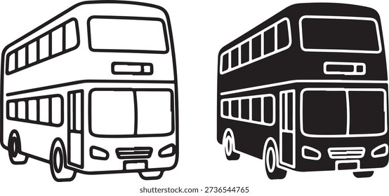 double decker buses illustrated in black and white isolated on white background, illustration