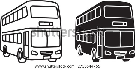 double decker buses illustrated in black and white isolated on white background, illustration