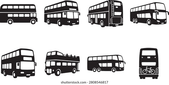 Double decker buses and modern city coach silhouettes