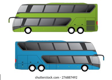 Double decker coaches side view on white