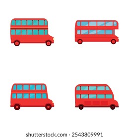 Double decker icons set cartoon vector. British red double decker bus. City transport