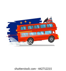 Double decker red bus of Britain  with Europe Union flag in behind. Brexit concept - vector illustration