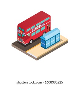 Double decker red bus with halte, iconic bus from london england in isometric illustration editable vector